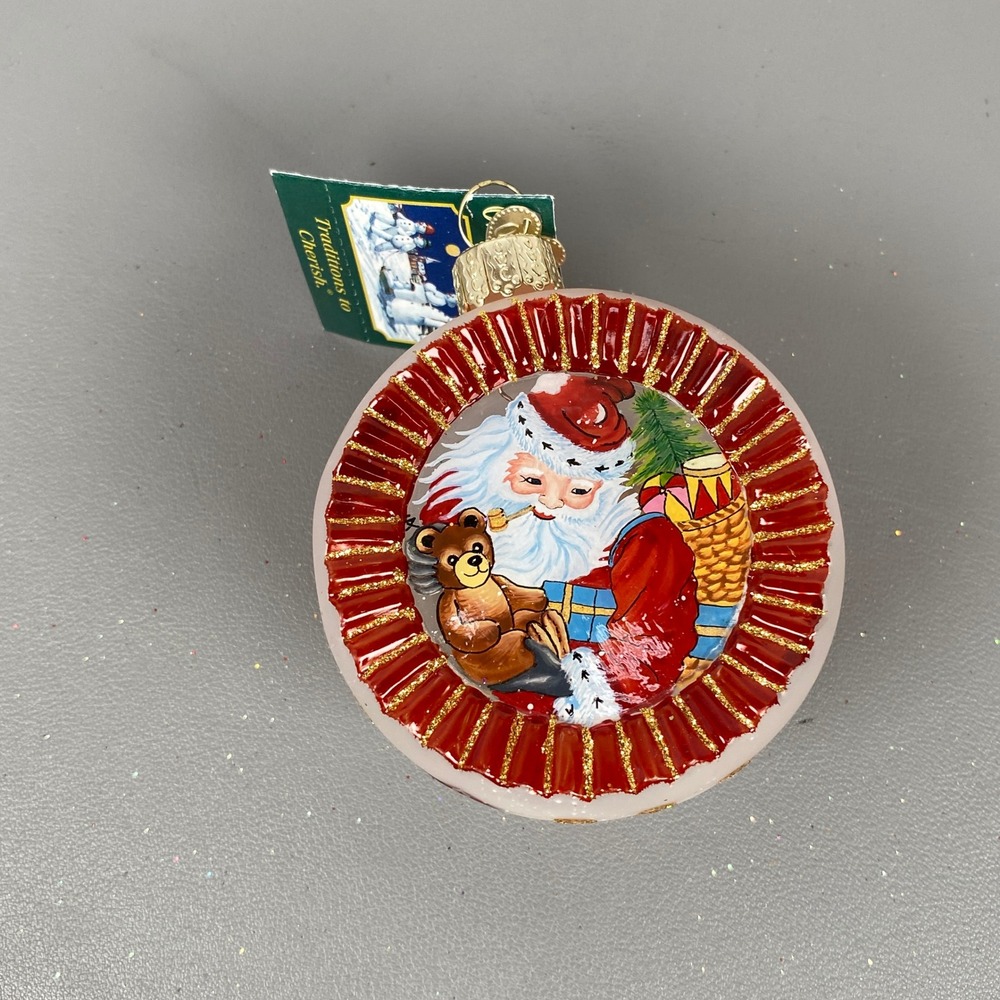 Old World Christmas Santa Teddy Bear Glass Reflector Ornament Merck Family